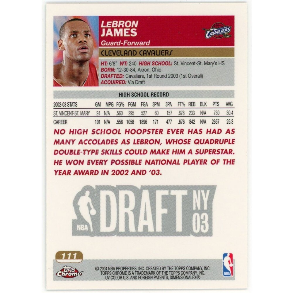 LeBron James Rookie 2003-04 Topps Chrome Card