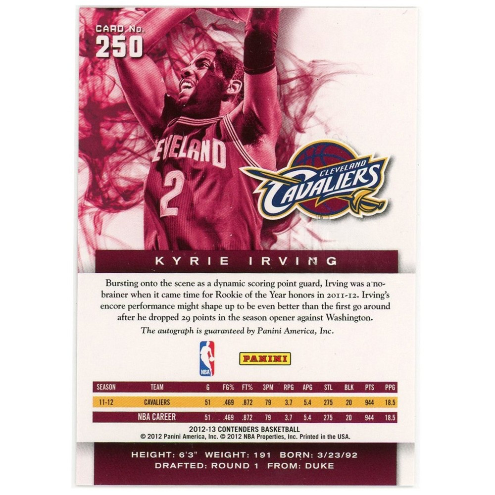 Kyrie Irving 2012-13 Rookie Panini Contenders Autographed Card
